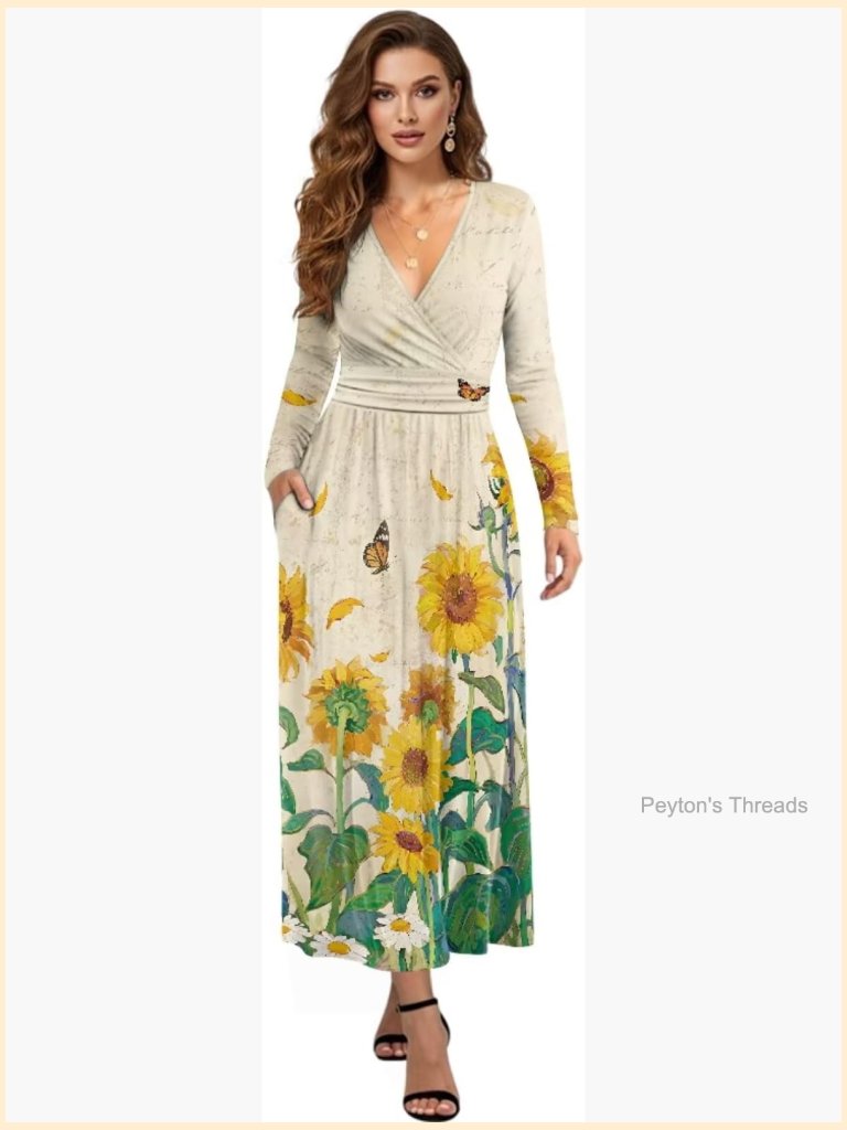 Long Sleeve Midi Dress V Neck A Line Dress Wedding Guest Beach Dress